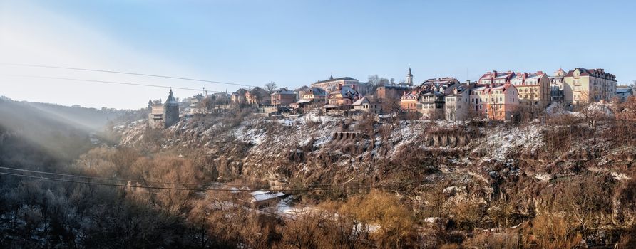 Kamianets-Podilskyi, Ukraine 01.07.2020. Smotrytsky canyon and river around the Kamianets-Podilskyi fortress on a sunny winter morning