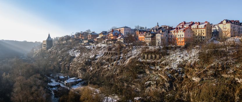 Kamianets-Podilskyi, Ukraine 01.07.2020. Smotrytsky canyon and river around the Kamianets-Podilskyi fortress on a sunny winter morning