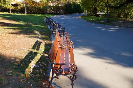 empty benches n the park on a sunny day