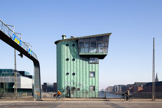 Copenhagen, Denmark - February 27, 2019: Control Tower on Langebro Bridge in the Inner Harbour.