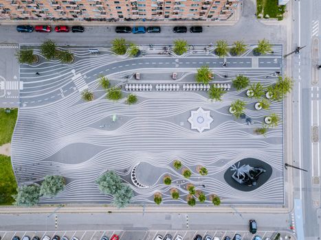 Copenhagen, Denmark - August 23, 2019: Aerial drone view of Superkilen Park in Norrebro district. Designed by the arts group Superflex.