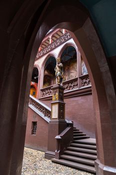 Basel, Switzerland - March 10, 2019: Statue of the founder of Basel Lucius Munatius Plancus in the courtyard of the town hall created in 1580 by Hans Michel.
