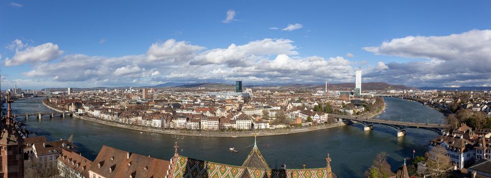 Basel, Switzerland - March 10, 2019: Panoramic View over Basel from top of the Basel Minster.