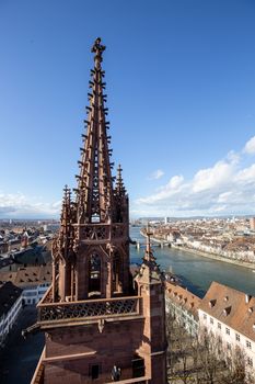 Basel, Switzerland - March 10, 2019: View over Basel from top of the Basel Minster.