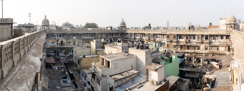 Old Delhi, India - December 4, 2019: The Gadodia market building at the Spice Market at Khari Baoli Road.