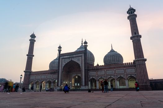 Delhi, India - December 04, 2019: Exterior view of Jama Masjid during sunset time.