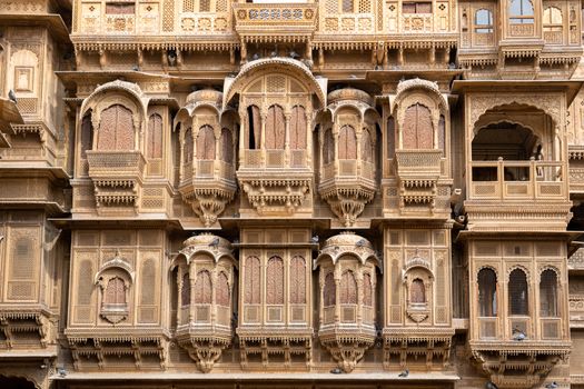 Jaisalmer, India - December 6, 2019: Facade of the beautiful Patwon Ki Haveli in the historic city centre.