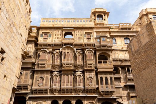 Jaisalmer, India - December 6, 2019: Facade of the beautiful Patwon Ki Haveli in the historic city centre.