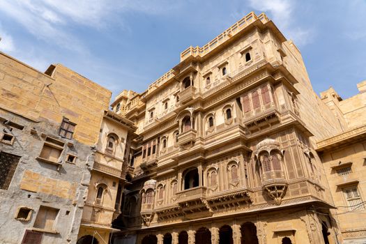 Jaisalmer, India - December 6, 2019: Facade of the beautiful Patwon Ki Haveli in the historic city centre.