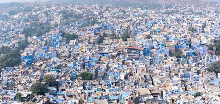 Jodhpur, India - December 9, 2019: Panormic view of the city with blue houses from Mehrangarh Fort.