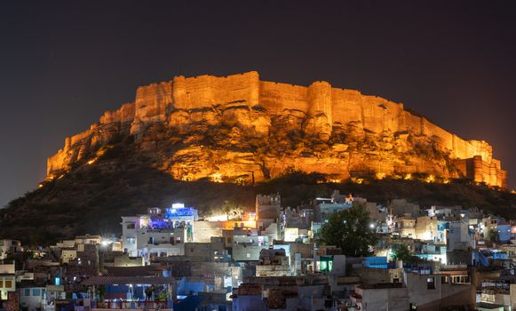 Jodhpur, India - December 9, 2019: Panoramic View of the illuminated Mehrangarh Fort.