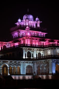 Jaipur, India - December 12, 2019: The illuminated Albert Hall at night.