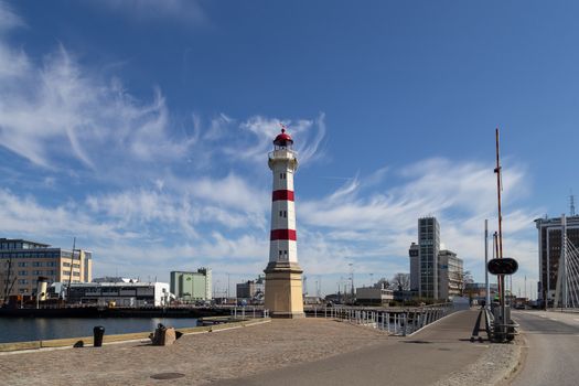 Malmo, Sweden - April 20, 2019: The old lighthouse in the habor district