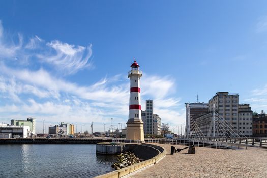 Malmo, Sweden - April 20, 2019: The old lighthouse in the habor district