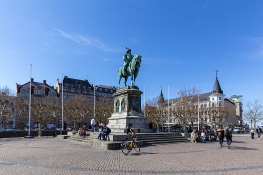 Malmo, Sweden - April 20, 2019: King Karl X Gustav Statue on the Stortorget square in the historic city centre.