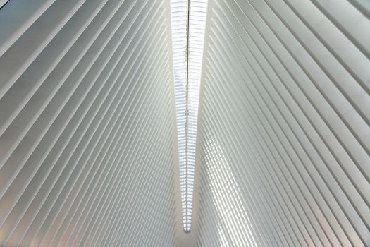 New York, United States of America - September 19, 2019: Interior view of the World Trade Center train station, also called Oculus