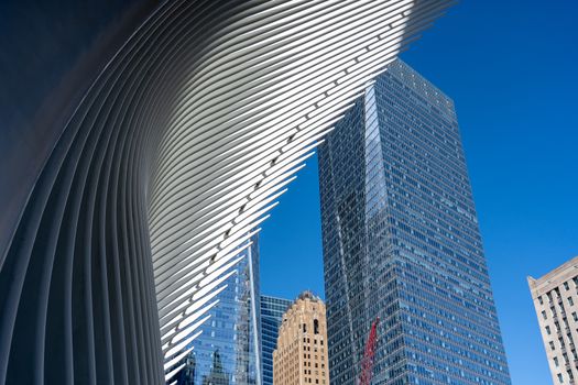 New York, United States of America - September 19, 2019: Exterior view of the roof structure of the World Trade Center train station, also called Oculus