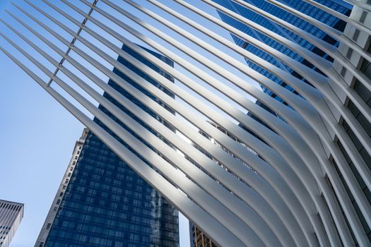 New York, United States of America - September 19, 2019: Exterior view of the roof structure of the World Trade Center train station, also called Oculus