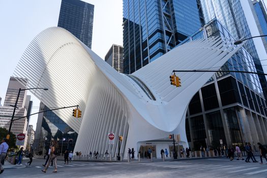 New York, United States of America - September 19, 2019: Exterior view of the World Trade Center train station, also called Oculus