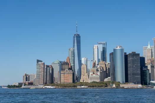 New York City, United States - September 19, 2019: Lower Manhattan skyline on a sunny day. View from Governors Island.