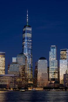 New York City, United States - September 18, 2019: Lower Manhattan skyline at night. View from Jersey City.