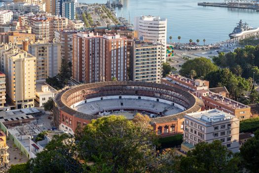 Malaga, Spain - May 25, 2019: Aerial view of the bull ring La Malagueta.