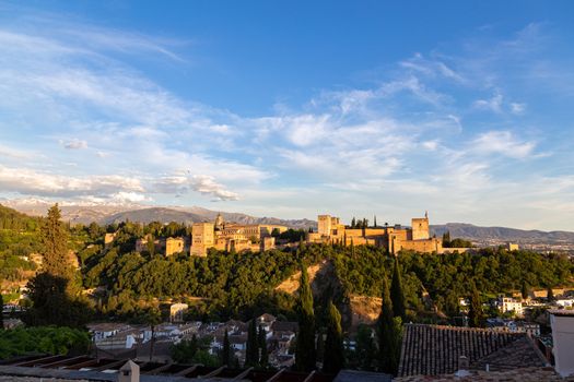 Granada, Spain - May 26, 2019: Exterior view of the famous Alhambra Palace