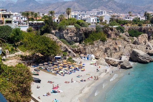 Nerja, Spain - May 28, 2019: View of Mediterranean Sea and Calahonda Beach from viewpoint of Europe's Balcony.