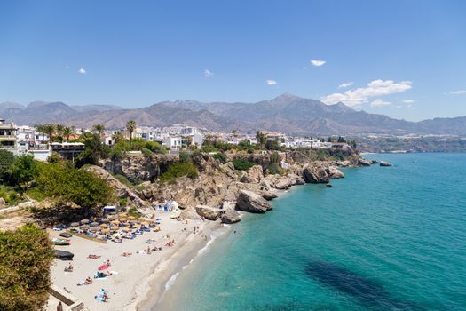 Nerja, Spain - May 28, 2019: View of Mediterranean Sea and Calahonda Beach from viewpoint of Europe's Balcony.