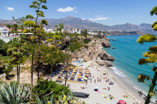 Nerja, Spain - May 28, 2019: View of Mediterranean Sea and Calahonda Beach from viewpoint of Europe's Balcony.