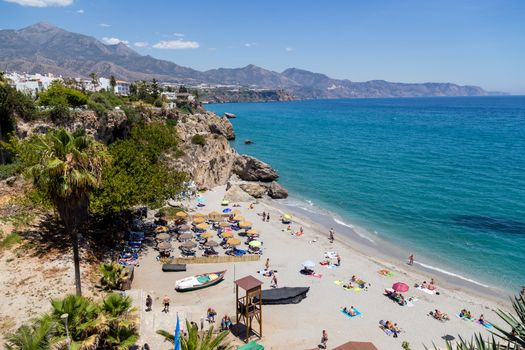 Nerja, Spain - May 28, 2019: View of Mediterranean Sea and Calahonda Beach from viewpoint of Europe's Balcony.