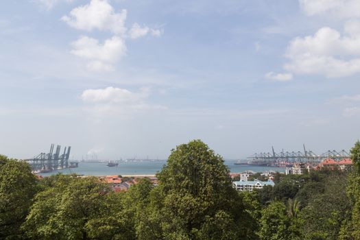 Singapore, Singapore - February 01, 2015: View of the container terminal from the Southern Ridges