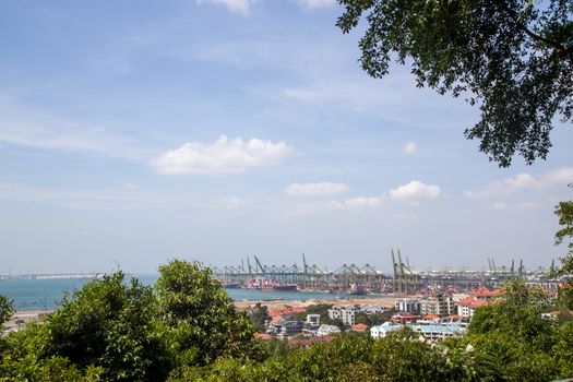 Singapore, Singapore - February 01, 2015: View of the container terminal from the Southern Ridges