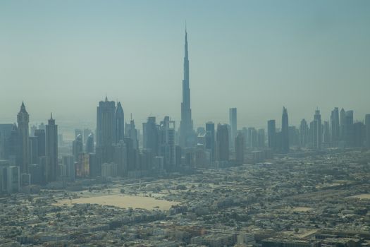 Dubai, United Arab Emirates - October 17, 2014: Skyline of city with the famous Burj Khalifa taken in black and white