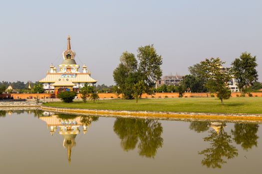 Lumbini, Nepal - November 26, 2014:  The Tara Foundation Buddhist temple at Buddhas birthplace