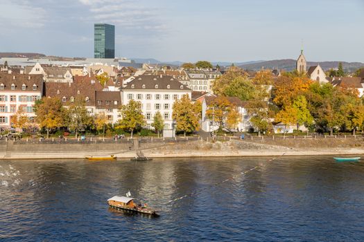 Basel, Switzerland - October 24, 2016: Historic passenger ferry crossing the Rhine river