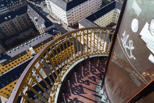 Copenhagen, Denmark - March 16, 2016: Spiral stairway of Vor Frelsers Kirke, Church of Our Saviour.