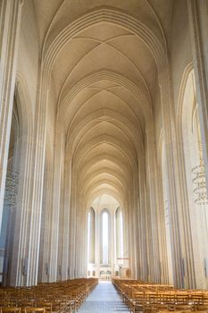 Copenhagen, Denmark - April 11, 2016: Interior view of Grundtvigs Church. Grundtvigs Church is a rare example of expressionist church architecture.