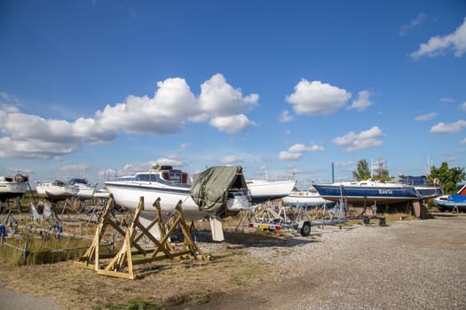 Brondy, Denmark - September 21, 2016: Small boats in a dry dock at Brondby yacht harbour.