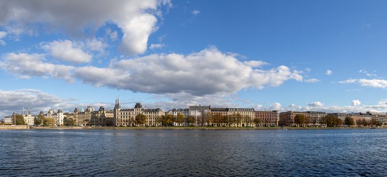 Copenhagen, Denmark - October 4, 2014: Panoramic view over Peblinge Lake. The Lakes in Copenhagen, Denmark are a row of three rectangular lakes.