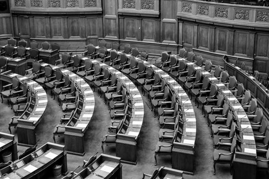 Copenhagen, Denmark - Occtober 05, 2016: Black and white photograph of the interior of the Danish parliament also called Folketinget