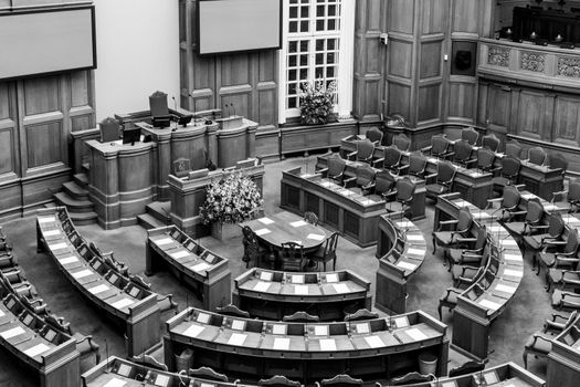 Copenhagen, Denmark - Occtober 05, 2016: Black and white photograph of the interior of the Danish parliament also called Folketinget