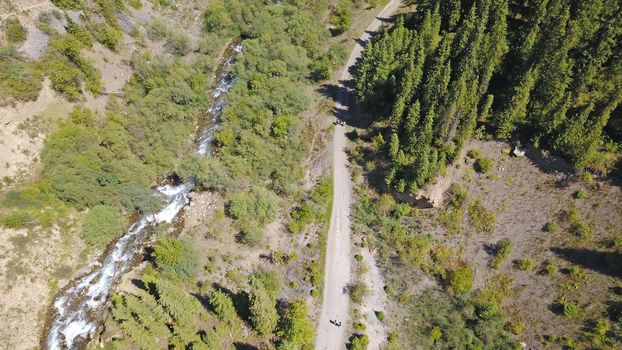 View of the forest and gorge from above. Huge rocks of the gorge covered with coniferous trees. You can see paths and people walking along them. The river runs. Mountainous area of Kazakhstan.