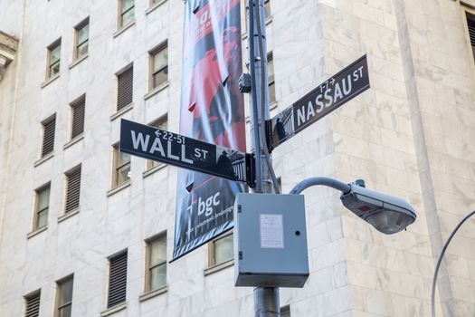 New York City, United States of America - November 18, 2016: Street signs at the corner of Wall Street and Nassau Street in Lower Manhattan.