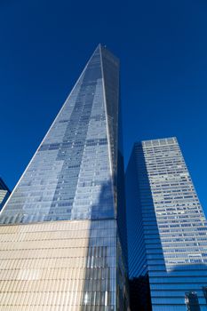 New York City, USA - Novemberr 18, 2016: Low angle view of the World Trade Center in Lower Manhattan.