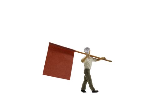 Miniature people holding Megaphone with flags isolated on white background with clipping path