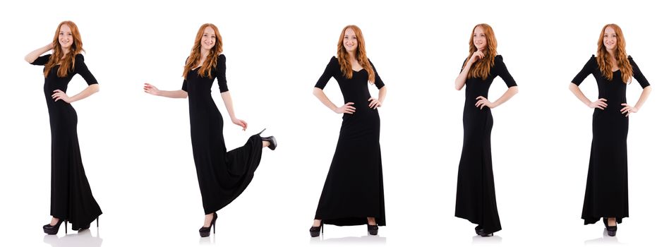 Redhead in black dress isolated on white