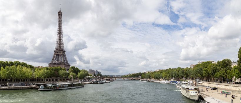 Paris, France - July 23, 2017: Panoramic view of the Eiffel Tower and the River Seine