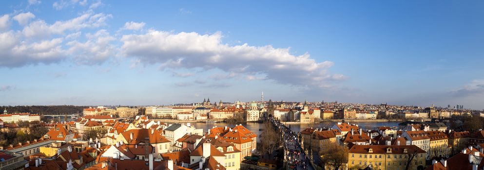 Prague, Czech Republic - March 15, 2017: Panoramic view of the city as seen from the Lesser Town Bridge Tower