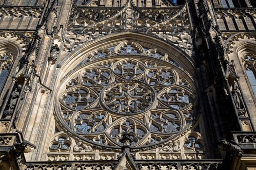 Prague, Czech Republic - March 16, 2017: Rose window at St. Vitus Cathedral which is located inside Prague Castle